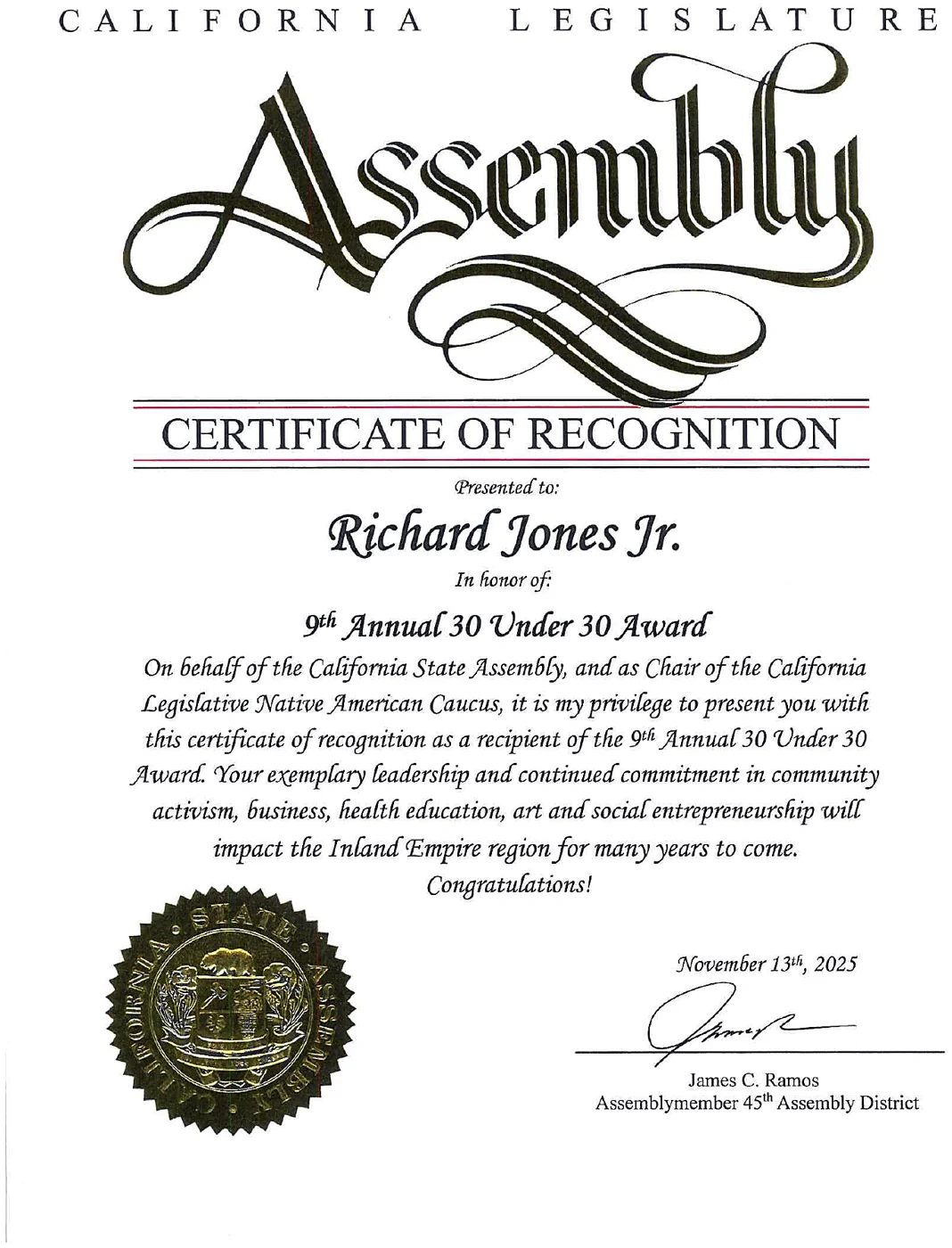 California State Assembly certificate of recognition, 9th Annual 30 Under 30 Award, Assemblymember James C. Ramos