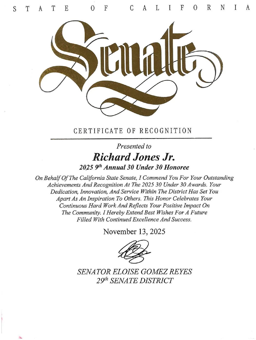 California State Senate certificate of recognition, 2025 9th Annual 30 Under 30 honoree, Senator Eloise Gómez Reyes