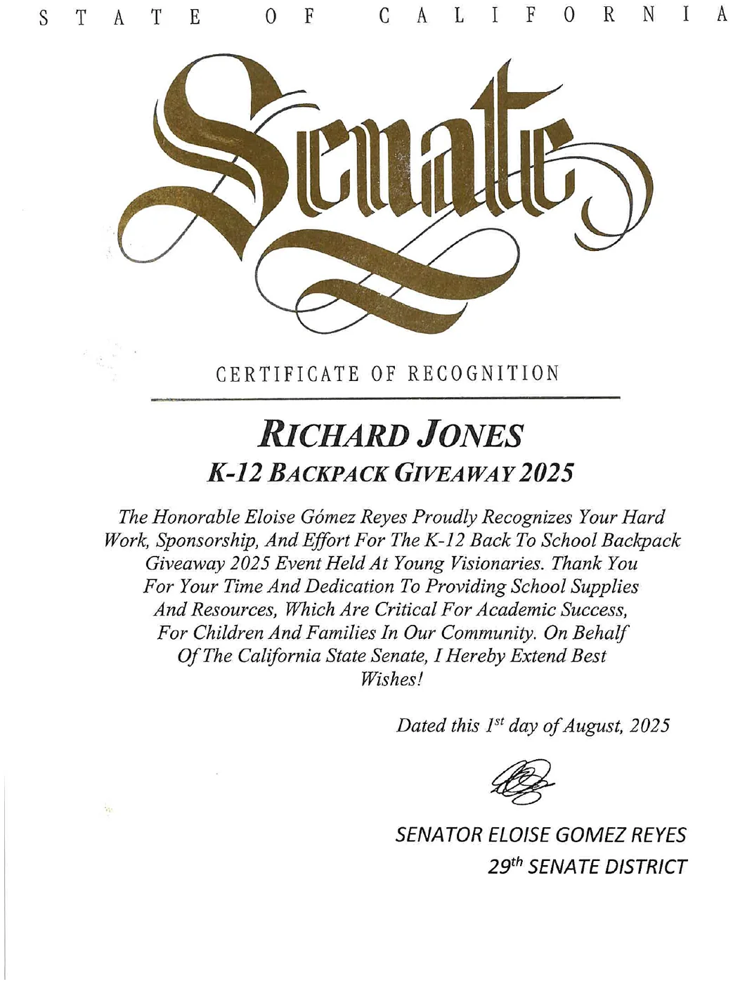 California State Senate certificate of recognition, 2025 K-12 Backpack Giveaway, Senator Eloise Gómez Reyes