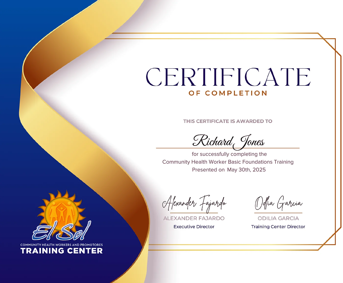 Community Health Worker Basic Foundations certificate, El Sol Training Center