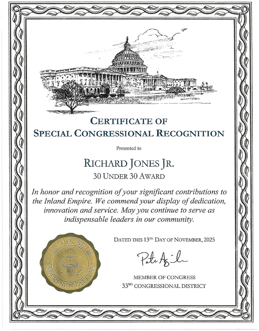 Certificate of Special Congressional Recognition, 30 Under 30 Award, Congressman Pete Aguilar, 33rd District