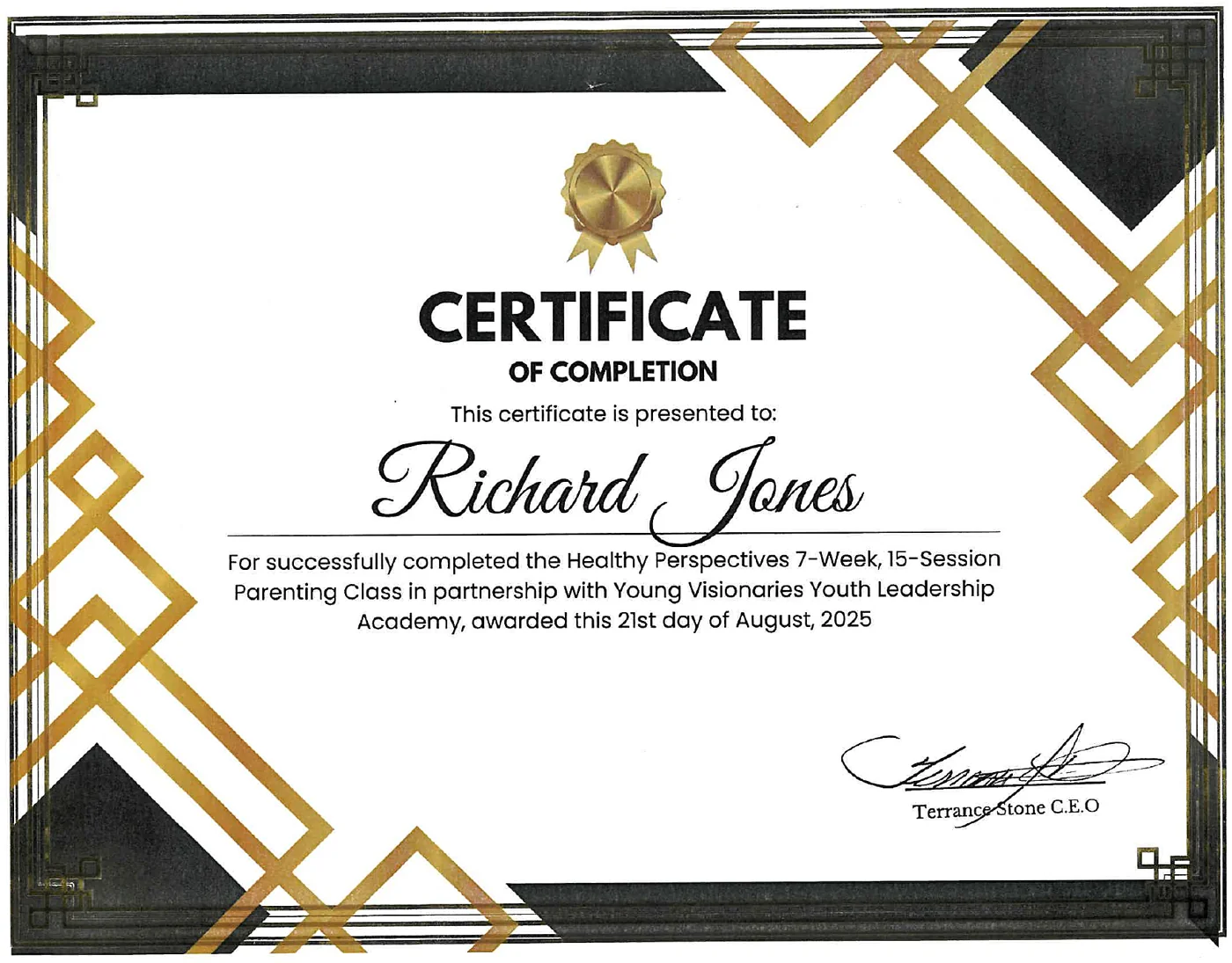 Healthy Perspectives parenting class certificate, with Young Visionaries Youth Leadership Academy