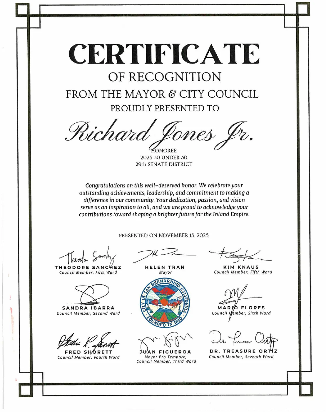 Certificate of recognition from the San Bernardino Mayor and City Council, 2025 30 Under 30 honoree