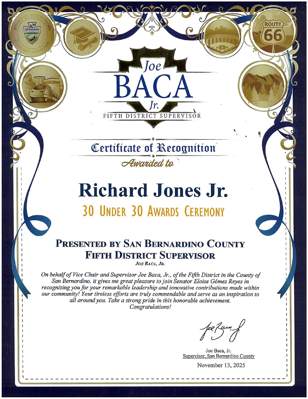 San Bernardino County certificate of recognition, 30 Under 30 Awards, Supervisor Joe Baca, Jr.