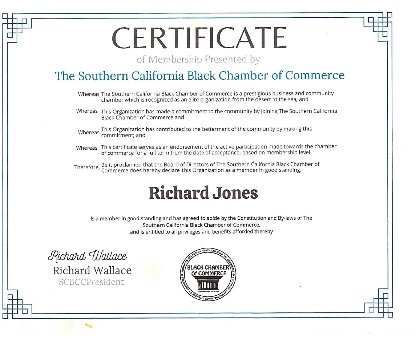 Certificate of membership, Southern California Black Chamber of Commerce