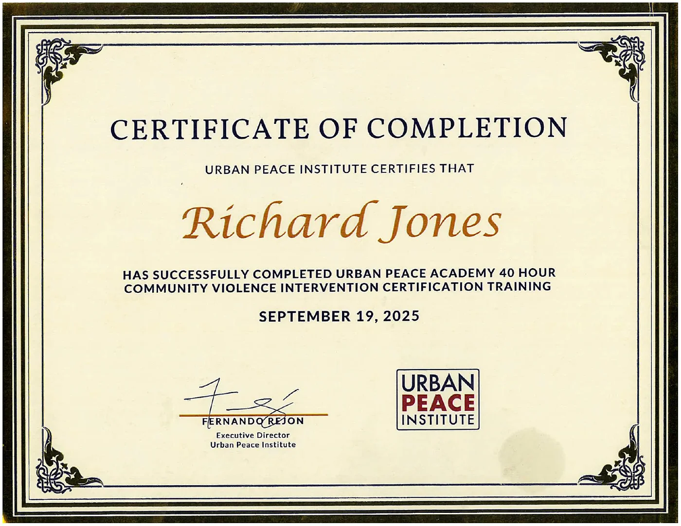 Community Violence Intervention certificate, Urban Peace Institute 40-hour Urban Peace Academy