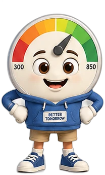 Score, the credit score guide, a friendly credit score dial character in a blue hoodie